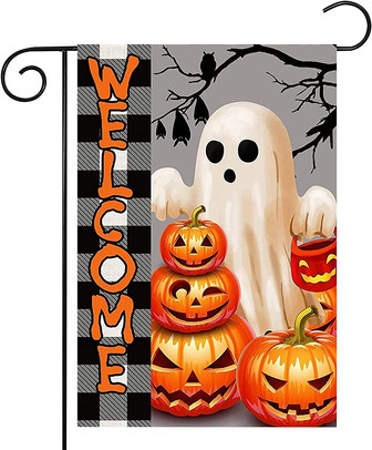 Halloween Welcome Garden Flag 12x18 Inch Double Sided Halloween Pumpkin Garden Flag White Ghost O Lantern Pumpkin Yard Flags Halloween Garden Decor For Outside - Thegiftio UK