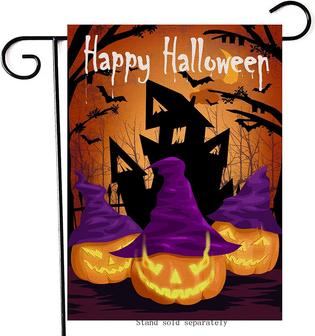 Happy Halloween Jack O Lantern Pumpkin Home Decorative Garden Flag, House Yard Purple Witch Hat Castle Bat Horror Outside Decor, Outdoor Small Burlap Decoration Double Sided 12 X 18 - Thegiftio UK