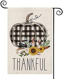 Thankful Watercolor Buffalo Plaid Pumpkin Garden Flag Vertical Double Sided, Fall Thanksgiving Harvest Rustic Yard Outdoor Decoration 12.5 X 18 Inch - Thegiftio UK