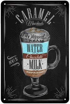 Caramel Tin Sign, Cream Water Chocolate Milk Cafe Glass Mix Striped Sketch Curve Full Line Vintage Metal Tin Signs For Cafes Bars Pubs Shop Wall Decorative Funny Retro Signs - Thegiftio