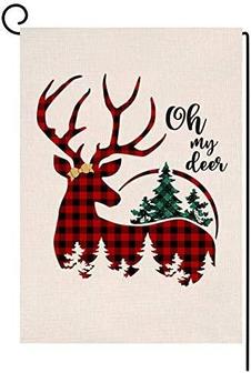 Christmas Deer Garden Flag Vertical Double Sided Red Black Buffalo Check Plaids Yard Outdoor Decorations
