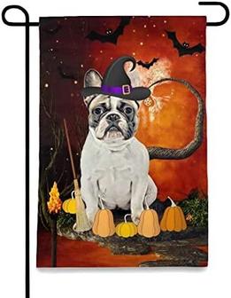 Halloween Garden Flag- White French Bulldog Dog Halloween Garden Flag, Dog Lovers, Dog With Pumpkins, Double Side Printed Garden Flag 12 X 18 Inch - Thegiftio UK