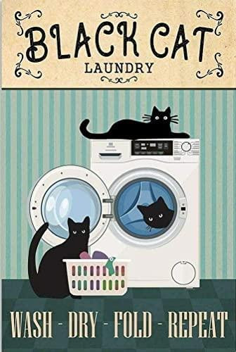 Black Cat Laundry Wash Dry Fold Repeat Vintage Sign For Home Coffee Wall Decor Funny Laundry Retro Metal Tin Sign Decor - Thegiftio