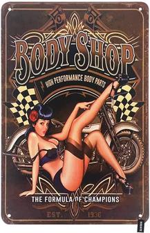 Body Shop Pin Up Girl Tin Sign Sexy Women With Motor Bike Brown Backdrop Vintage Metal Tin Signs For Men Women Wall Art Decor For Home Bars Clubs Cafes - Thegiftio