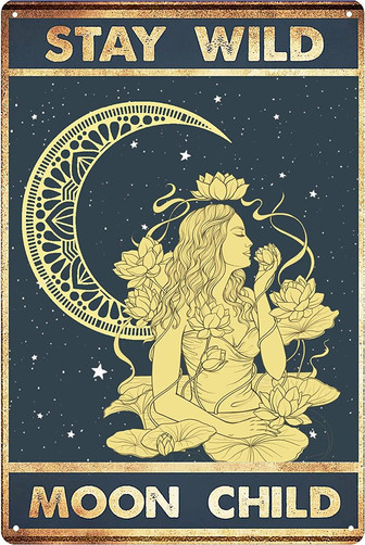 Stay Wild Moon Child Retro Metal Tin Sign Goddess Golden Mandala Vintage Sign For Home Coffee Iron Painting Plaque Wall Decor For Bedroom Bathroom Bar Living Room Wall Decor - Thegiftio
