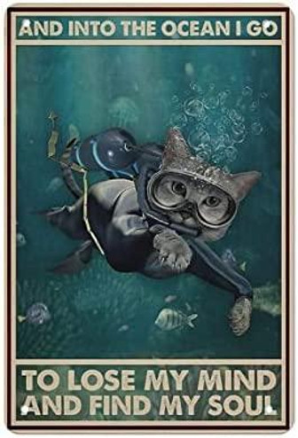 Vintage Metal Sign Cat And Into The Ocean I Go To Lose My Mind And Find My Soul Tin Sign Iron Painting Kitchen Bathroom Garage Bar Cafe Man Cave Wall Home Decor Art Poster Outdoor Plaque Novelty Gifts - Thegiftio UK