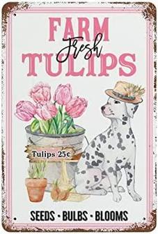 Vintage Metal Sign Farm Fresh Tulips Pink Flower With Funny Dog Poster Pink Flower Market Wall Sign For Home Bar Kitchen Pub Garage Rustic Wall Decoration Brittany Wall Sign Holiday Gift - Thegiftio UK