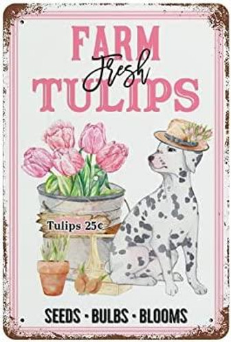 Vintage Metal Sign Farm Fresh Tulips Pink Flower With Funny Dog Poster Pink Flower Market Wall Sign For Home Bar Kitchen Pub Garage Rustic Wall Decoration Brittany Wall Sign Holiday Gift - Thegiftio UK