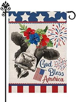 4th Of July Garden Flag Patriotic Flags Memorial Day God Bless America Cow Double Sided Fourth Of July Outdoor Yard Decor Independence Day Decoration - Thegiftio