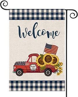 4th Of July Patriotic Garden Flags For Outside, 12×18 Double Sided Blue Buffalo Plaid, Red Truck With Sunflowers, Welcome Independence Day Farmhouse Decors, Summer Yard Flags For Outdoor - Thegiftio UK