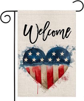 4th Of July Welcome Garden Flag 12x18 Double Sided, Watercolor Strip And Star American Flag Love Heart Small Patriotic Yard Flags For Independence Day, Memorial Day Decor For Summer Holiday Outside - Thegiftio
