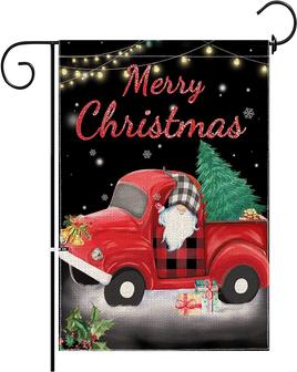 Christmas Garden Flag 12x18 Double Sided, Christmas Flag With Red Truck Gnome For Yard Outside Outdoor Decor - Thegiftio UK
