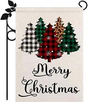 Christmas Garden Flag, Burlap Double-sided Xmas Garden Flag With Buffalo Plaid Christmas Tree, Holiday Xmas Garden Flag, Outdoor Garden Decoration Seasonal Home Decor Yard Flag - Thegiftio UK