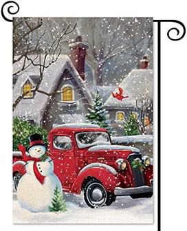 Christmas Garden Flag Vertical Double Sided Winter Countryside Snowman Red Truck Yard Outdoor Decor - Thegiftio UK