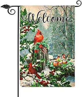 Christmas Garden Flag, Welcome Christmas Flags 12x18 Double Sided, Cardinal Red Bird Holiday Winter Garden Flag For Christmas Party Home Yard Outdoor Decoration - Thegiftio UK