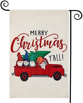 Christmas Gnomes Garden Flag Merry Christmas Red Truck With Gnomes Christmas Tree, Winter Yard Flags For Outside, Xmas Decor For Farmhouse Holiday Outdoor,12 X 18 Inch Double Sided - Thegiftio UK