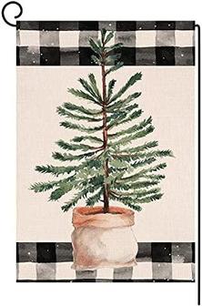 Christmas Pine Tree Small Garden Flag 12x18 Inch Vertical Double Sided Black White Buffalo Plaid Winter Holiday Outdoor Decorations Burlap Yard Flag - Thegiftio UK