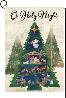 Christmas Tree Garden Flag O Holy Night Burlap Vertical Double Sided Christmas Nativity Yard Flag Winter Holiday Xmas Scene Story Seasonal Outdoor Outside Decoration - Thegiftio UK