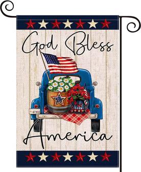 God Bless America Garden Flags For Outside, 12×18 Double Sided Blue Truck With Flower Patriotic Stars, Small Memorial Day Yard Flag, Welcome 4th Of July Independence Day Outdoor Farmhouse Decors - Thegiftio