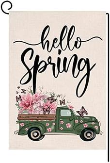 Hello Spring Garden Flag 12x18 Vertical Double Sided Burlap Truck With Pink Flowers Butterfly Farmhouse Yard Outdoor Decoration - Thegiftio