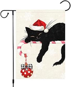 Merry Christmas Garden Flag 12x18 Double Sided Vertical, Burlap Small Winter Farmhouse Rustic Welcome Christmas Black Cat Ball Yard Flag Holiday Christmas House Outdoor Decorations - Thegiftio UK