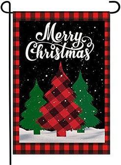 Merry Christmas Garden Flag Burlap Double Sided Buffalo Plaid Christmas Tree With Snow Yard Flag, Winter Holiday Christmas Outdoor Decoration - Thegiftio UK