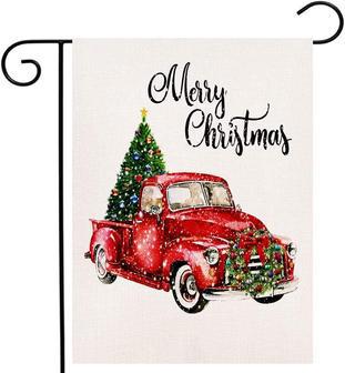 Merry Christmas Garden Flag Vertical Double Sided Tree Red Truck Merry Xmas New Year Burlap Yard Outdoor Decor Flag - Thegiftio UK