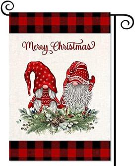 Merry Christmas Gnomes Garden Flag Vertical Double Sided Black Red Buffalo Plaid Gnomes Yard Outdoor Decor - Thegiftio UK