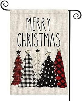 Merry Christmas Pine Tree Garden Flag 12x18 Inch Vertical Double Sided, Rustic Buffalo Plaid Check Winter Farmhouse Yard Outdoor Decoration - Thegiftio UK