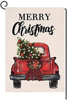 Merry Christmas Tree Red Truck Garden Flag 12x18 Vertical Double Sided Buffalo Check Plaid Bow Burlap Yard Decorations - Thegiftio UK