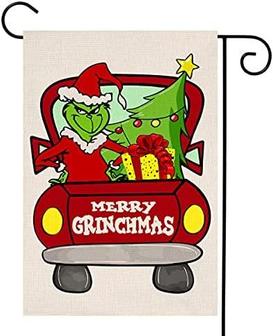 Merry Grinchmas Christmas Small Garden Flag Vertical Double Sided Red Truck With Green Tree Yard Outdoor Decoration 12 X 18 Inches - Thegiftio UK