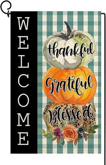 Thankful Grateful Blessed Garden Flag Double Sided, Fall Thanksgiving Pumpkins Welcome Buffalo Plaid Yard Autumn Holiday Farmhouse Outdoor Outside Decoration - Thegiftio UK