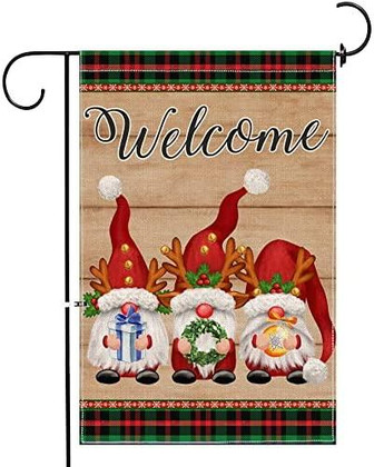 Welcome Christmas Garden Flag 12x18 Inch Double Sided, Winter Gnome Flag Buffalo Plaid Check Yard Flag Small New Year Winter Outdoor Farmhouse Decor - Thegiftio