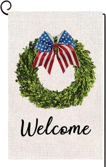 Welcome Patriotic 4th Of July Wreath Garden Flag 12x18inch Double Sided America Memorial Day Independence Day Flag Summer Farmhouse Holiday Funny Yard Outdoor Decoration - Thegiftio UK