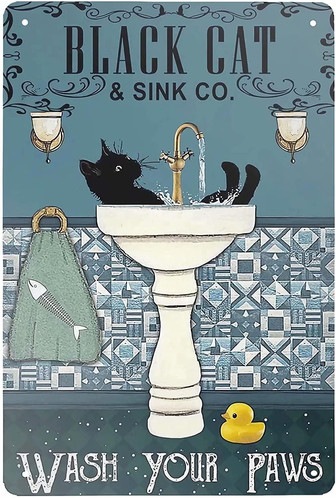 Retro Tin Sign Funny Bathroom Vintage Black Cat Wash Your Paws Metal Sign Wall Art Plaque Poster For Home Bar Pub - Thegiftio