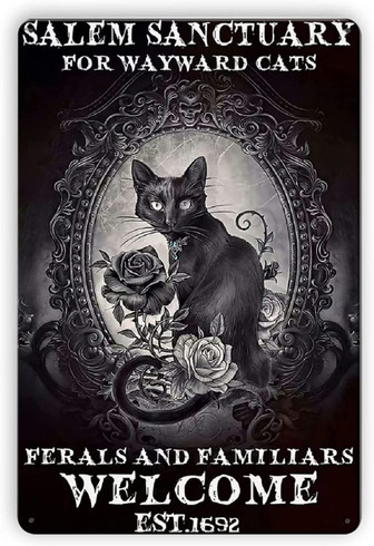 Salem Sanctuary For Wayward Black Cat Tin Sign - Salem Witch Poster Vintage Wall Art Decor Metal Sign - Thegiftio