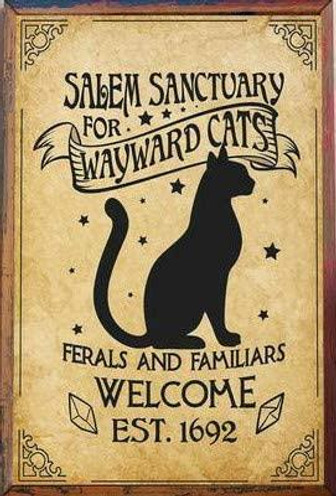 Salem Sanctuary For Wayward Cats Poster Cat Poster Black Cat Halloween Poster Witch With Brooms Vintage Metal Sign Poster - Thegiftio