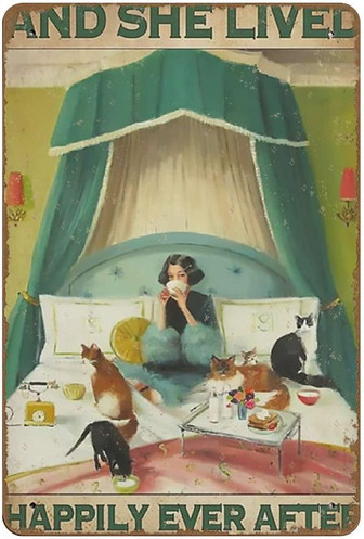 She Lived Happily Cat Bed And Breakfast Vertical Poster Novelty Retro Tin Metal Sign Metal Metal Poster Vintage Signs Retro Aluminum Gift Vintage Hanging Wall Plaque Door Antique Farm - Thegiftio