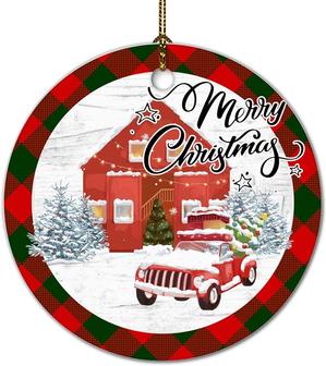 Merry Christmas Ornament Red Truck Farmhouse Ornament 3 Inch Red And Black Buffalo Plaid Keepsake Ceramic Both Sides Printed Hanging Decorations Stocking Tag Funny Xmas Gifts For Women Men Kids