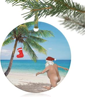 Christmas Ornaments 2022, Christmas Tree Hanging Pendant Keepsake Ceramic Ornaments Funny Santa Claus Nautical Ocean Beach, 3" Round Xmas Tree Ornament For Home Decor Palm Trees With Red Socks - Thegiftio UK