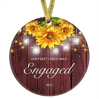 Our First Christmas As Mr & Mrs Ornament 2022 Sunflower Engaged 3" Circle Porcelain Ceramic Wedding Ornament - Thegiftio UK
