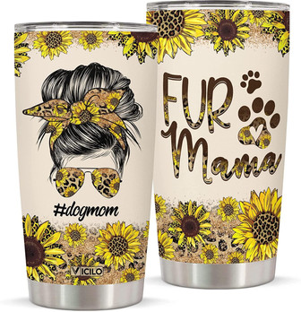 Fur Mama Travel Mug Coffee Tumbler - Dog Mom Gift For Women - 20 Oz Tumbler Stainless Steel Tumbler - Leopard Tumbler Sunflower Gifts For Dog Mom, Birthday Gift, Mom Gift - Insulated Tumbler - Thegiftio