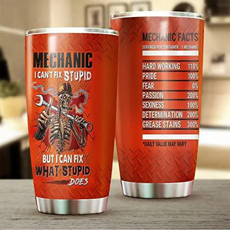 Mechanic Cant Fix Stupid Tumbler, Skull Mechanic Tumbler, Mechanic Facts Tumbler, Skeleton Smoker Tumbler, Present For Men, Husband, Dad On Special Day Stainless Steel Tumbler, 20 Oz - Thegiftio UK