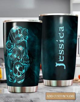 Personalized Flower Skull Tumbler 20oz, Blue Skull Stainless Steel Vacuum Insulated Tumbler, Skinny Tumbler 20oz Gothic Tumbler, Scary Ghost Tumbler, Gift For Halloween Party, Spooky Season - Thegiftio