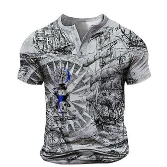 Men's T Shirt Tee Henley Shirt Tee 3d Print Graphic Plus Size Henley Sailboat Daily Sports Button-down Print Short Sleeve Tops Designer Basic Casual Classic Gray / Summer - Seseable