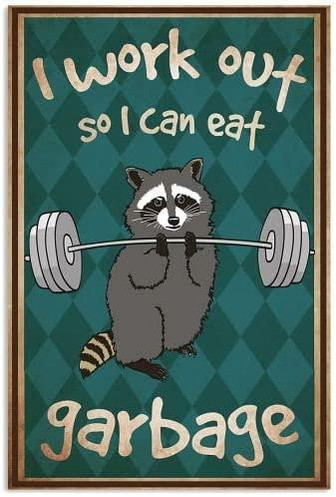 Funny Animals Wall Art Vintage Metal Sign Raccoon Holding Barbell Vintage Posters Apartment Decor Artwork Hangable Room Bedroom Decor - Thegiftio
