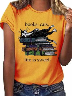 Cat & Book Graphic Tee - Seseable