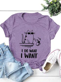 Cat I Do What I Want Graphic Short Sleeve Crew Neck Tee - Seseable