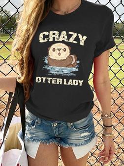 Crazy Otter Lady Graphic Crew Neck Short Sleeve Tee - Seseable