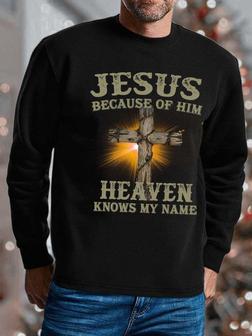 Men Jesus Because Of Him Heaven Knows My Name Crew Neck Casual Text Letters Sweatshirt - Seseable